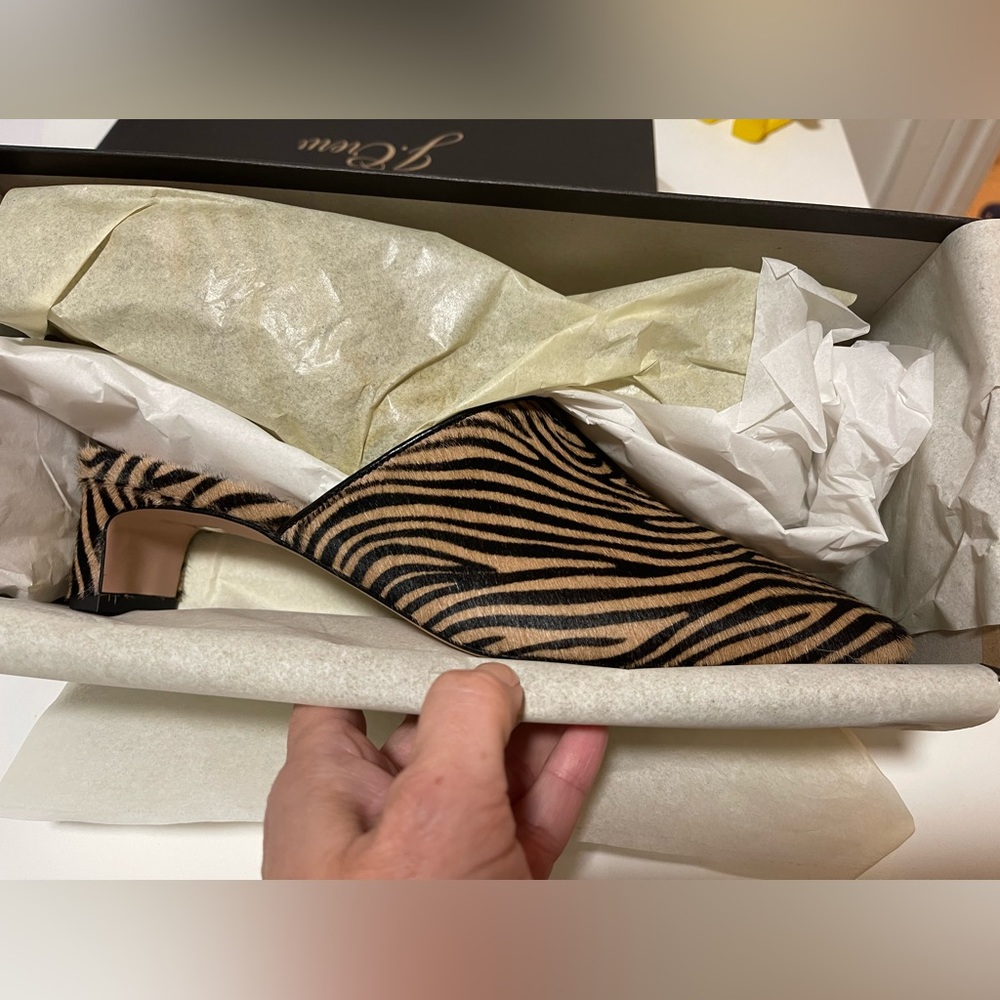 New J.Crew Leyla haircalf mule heels pump Zebra Sandy size 9 1/2 10